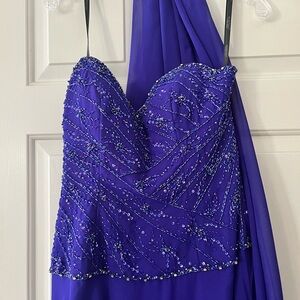 Montage by Mon Cheri Purple Embellished strapless Gown with sheer wrap.